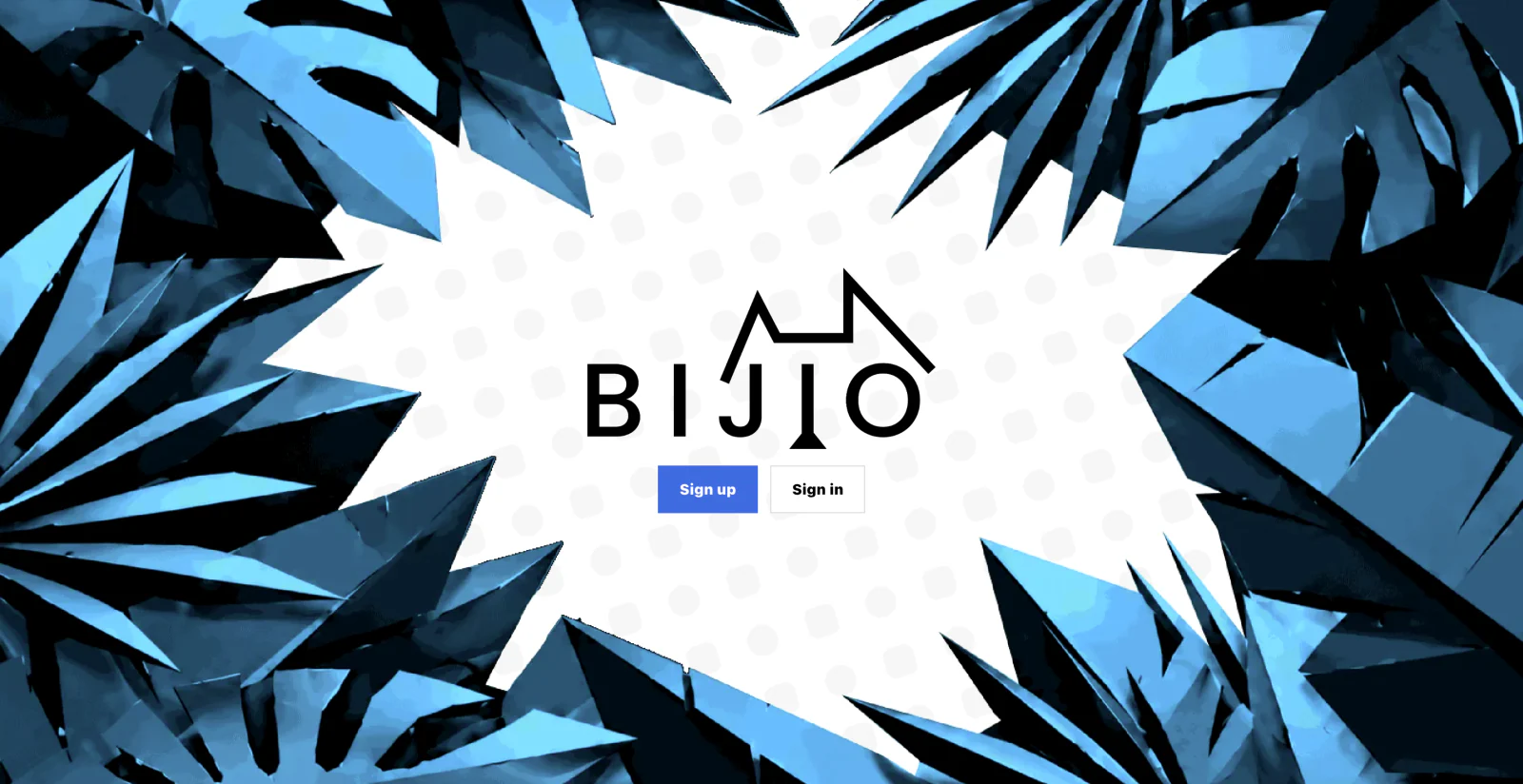 BIJIO sign-in screen framed by blue crystalline leaves