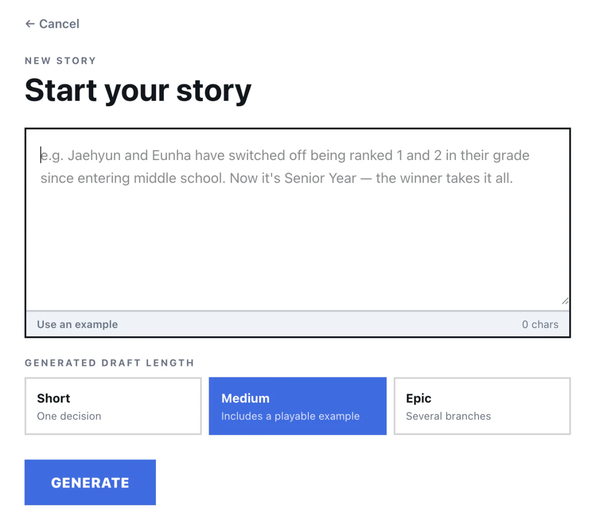 BIJIO story creation screen with controls for premise and story length