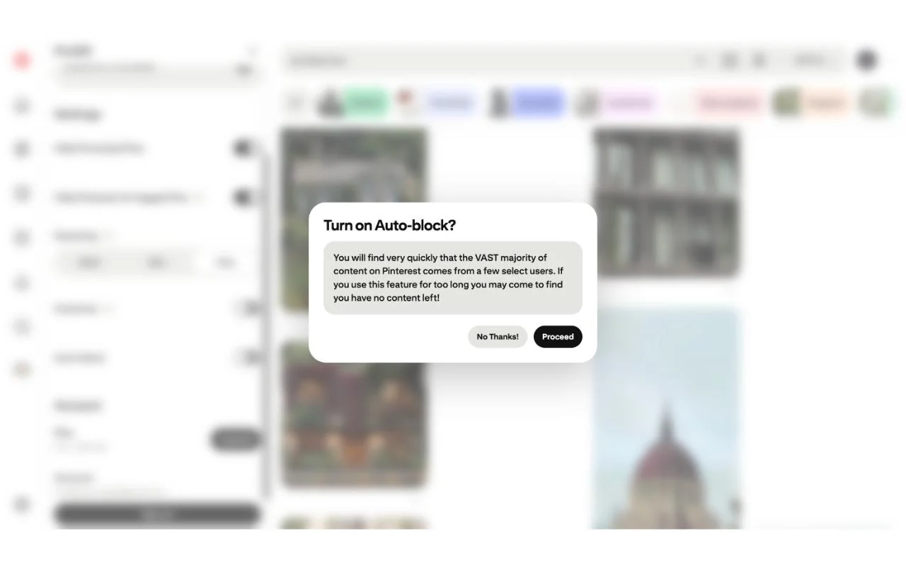 PinSift auto-block confirmation over a blurred Pinterest grid