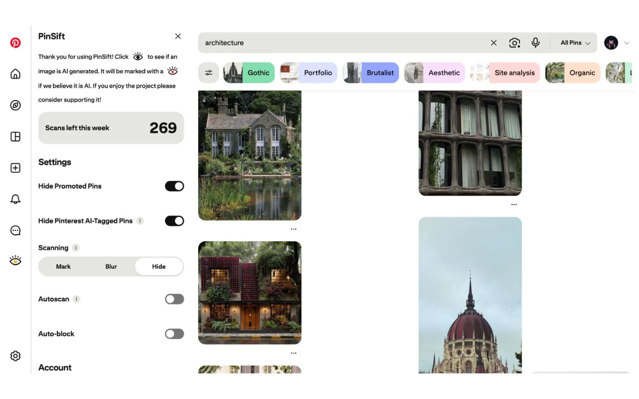 PinSift settings beside a filtered Pinterest grid