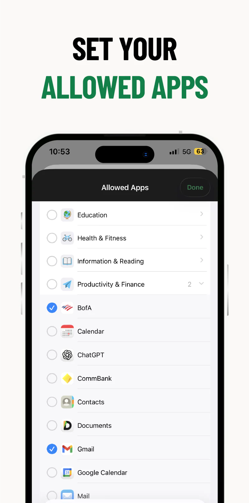 TUFF allowed apps selection